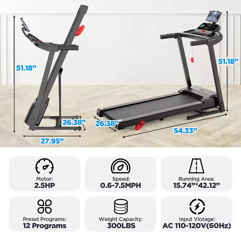 2.75HP Folding Treadmill with 300lb Capacity, 3 Incline, 71 Programs, Smart APP Connection,7.5MPH Portable Treadmill for Home Jogging Walking