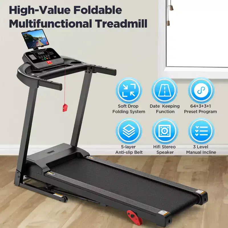Tapis roulant en solde, Dégagement de tapis roulants, 0,6-7,5 MPH, 64+3+3+1 programmes, Moteur sans balais silencieux, Application Bluetooth, Tapis de course compact pour la maison