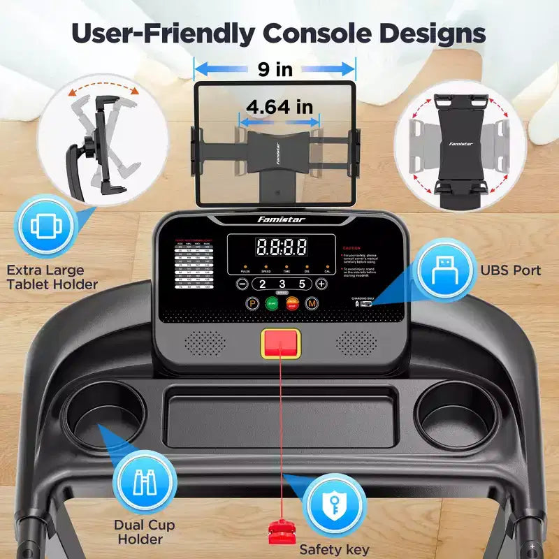 Tapis roulant en solde, Dégagement de tapis roulants, 0,6-7,5 MPH, 64+3+3+1 programmes, Moteur sans balais silencieux, Application Bluetooth, Tapis de course compact pour la maison