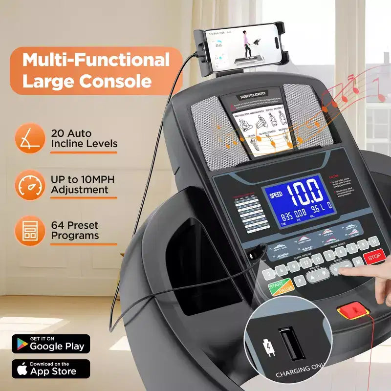 Tapis de course électrique pliable double moteur 5 CV en promotion, machine de course durable avec inclinaison automatique de 20 %, capacité de 180 kg, tapis de marche compact