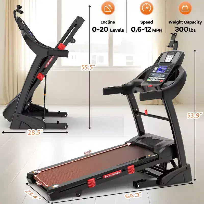 Tapis de course électrique pliable double moteur 5 CV en promotion, machine de course durable avec inclinaison automatique de 20 %, capacité de 180 kg, tapis de marche compact