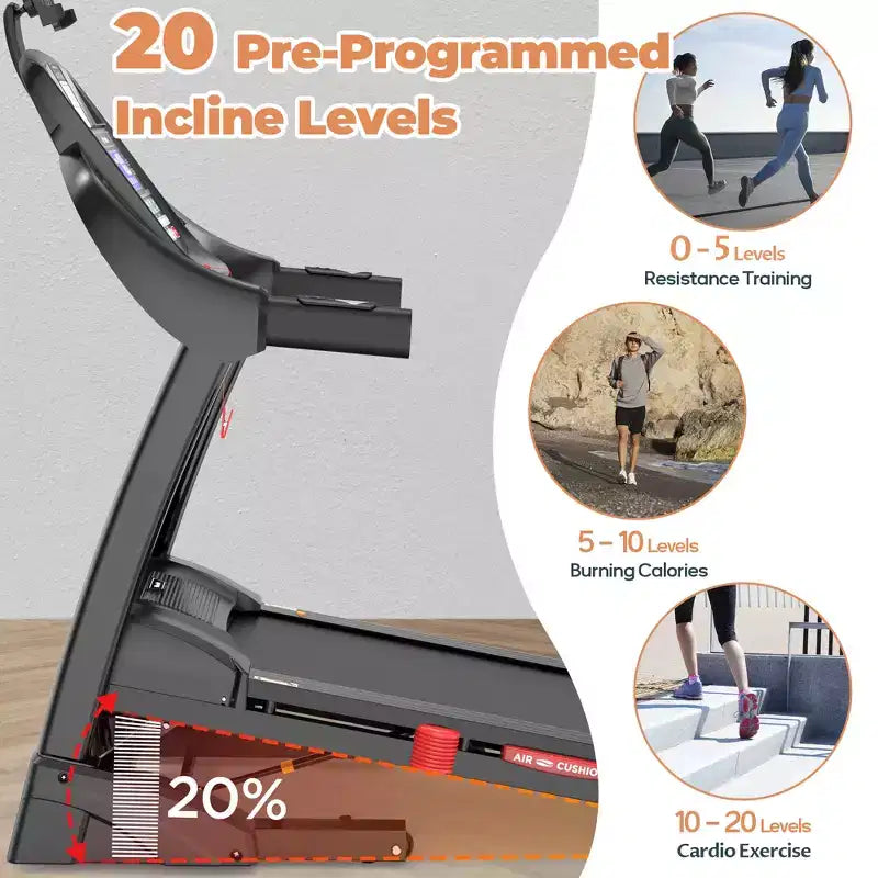 Tapis de course électrique pliable double moteur 5 CV en promotion, machine de course durable avec inclinaison automatique de 20 %, capacité de 180 kg, tapis de marche compact