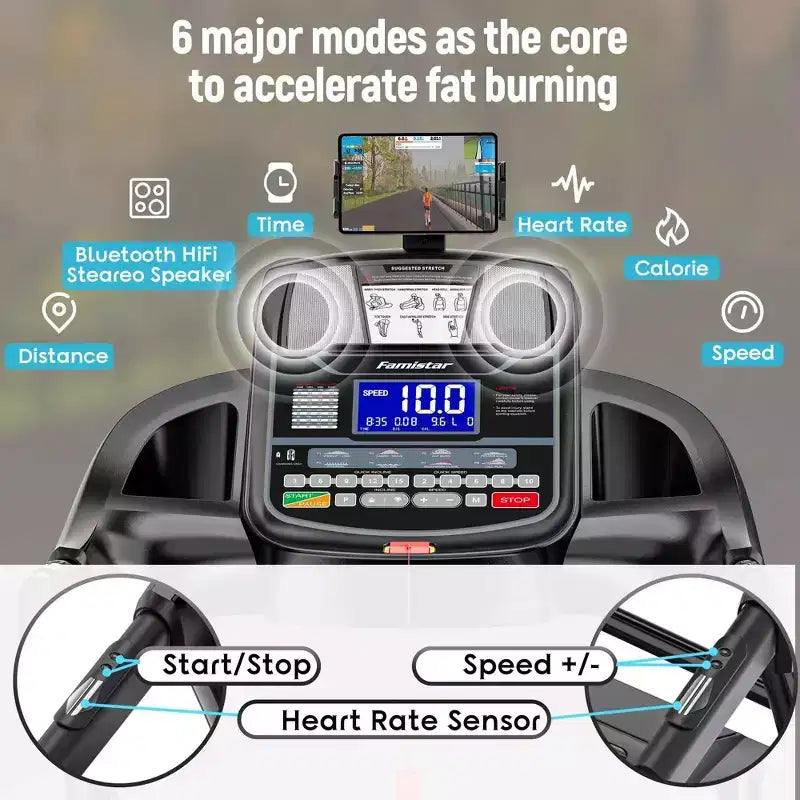 Tapis de course pliable 4,8 CV avec capacité de 136 kg pour usage domestique, inclinaison automatique de 20 %, deux haut-parleurs Bluetooth HiFi, 19 km/h, contrôle par application, noir