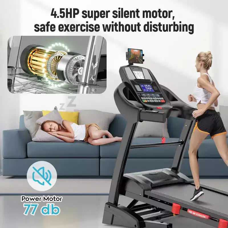 Tapis de course pliable 4,8 CV avec capacité de 136 kg pour usage domestique, inclinaison automatique de 20 %, deux haut-parleurs Bluetooth HiFi, 19 km/h, contrôle par application, noir