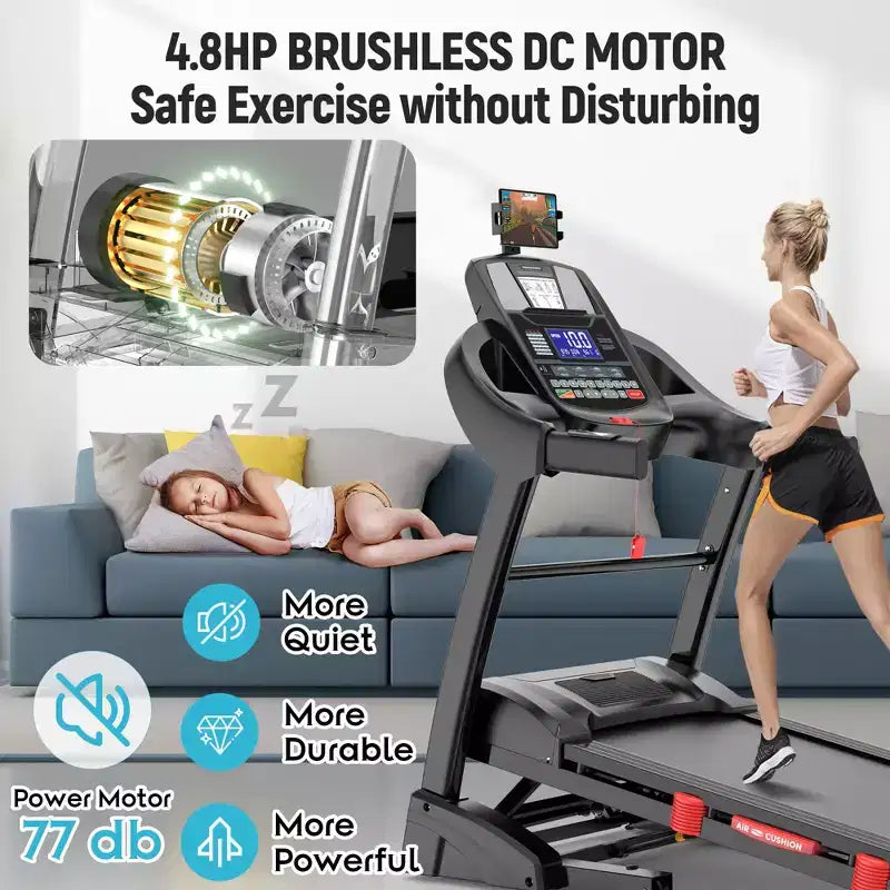 Tapis de course pliable 4,8 CV avec capacité de 136 kg pour usage domestique, inclinaison automatique de 20 %, deux haut-parleurs Bluetooth HiFi, 19 km/h, contrôle par application, noir