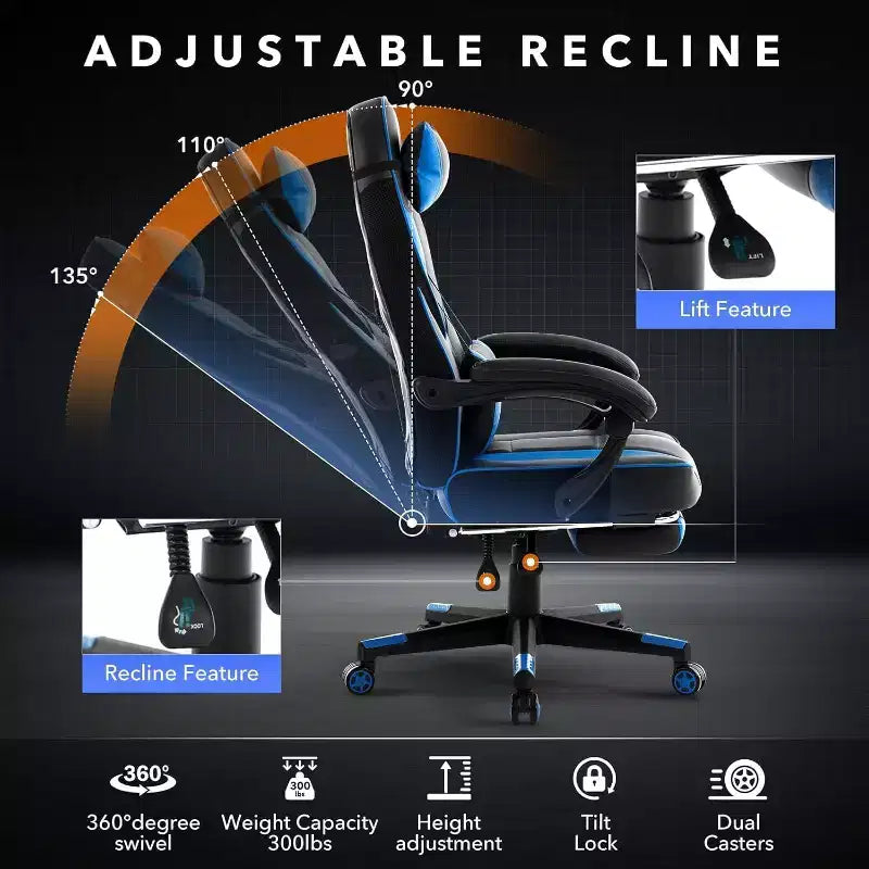 Ergonomic Gaming Chair, High-Back PU Computer Chair, Retractable Footrest, Height Adjustable, Adjustable Lumbar & Headrest, Swivel Office Chair