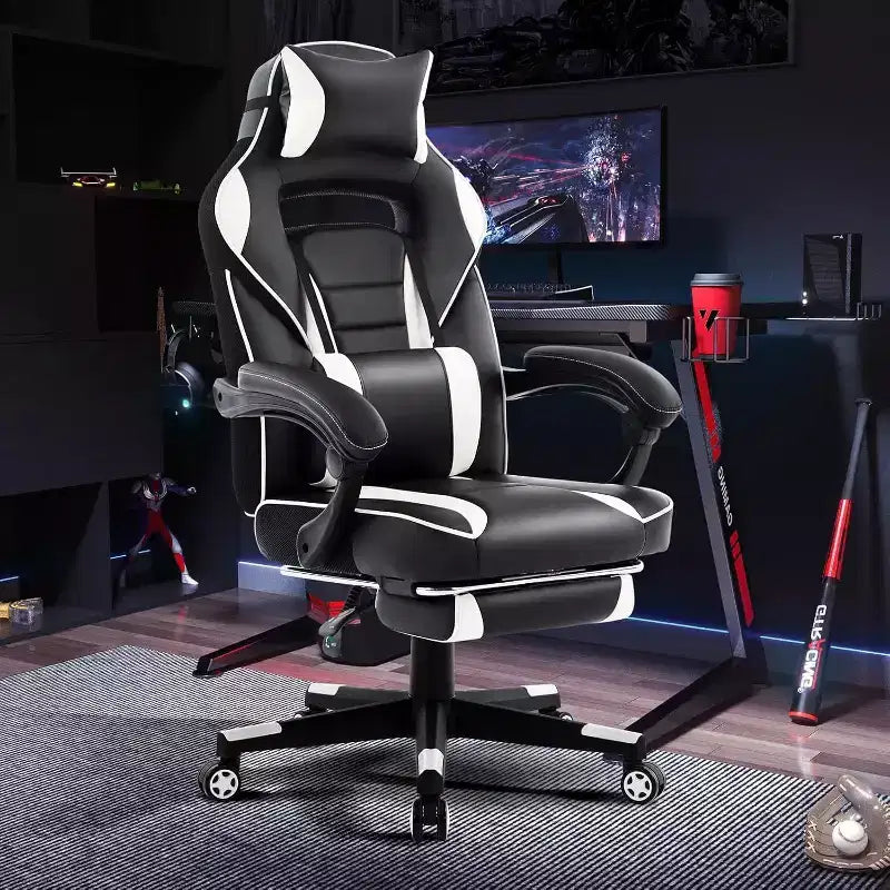 Ergonomic Gaming Chair, High-Back PU Computer Chair, Retractable Footrest, Height Adjustable, Adjustable Lumbar & Headrest, Swivel Office Chair