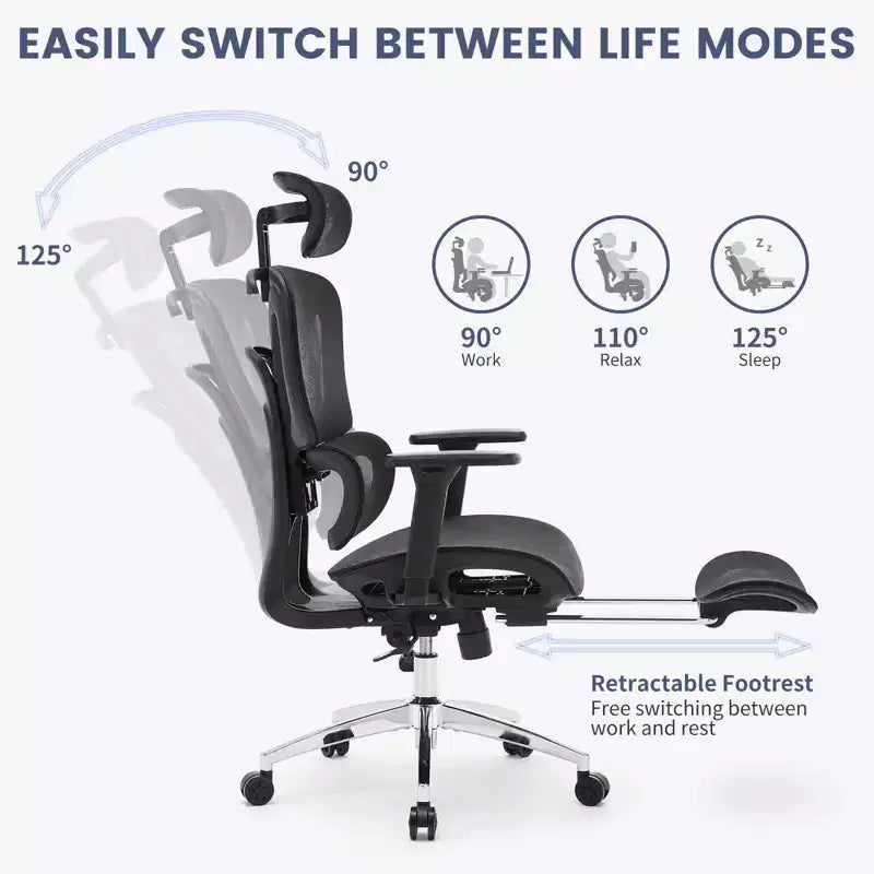 Ergonomic High Back Mesh Reclining Office Chair with Footrest, Dynamic Lumbar Support - Swivel Task Chair for Home & Gaming, Black