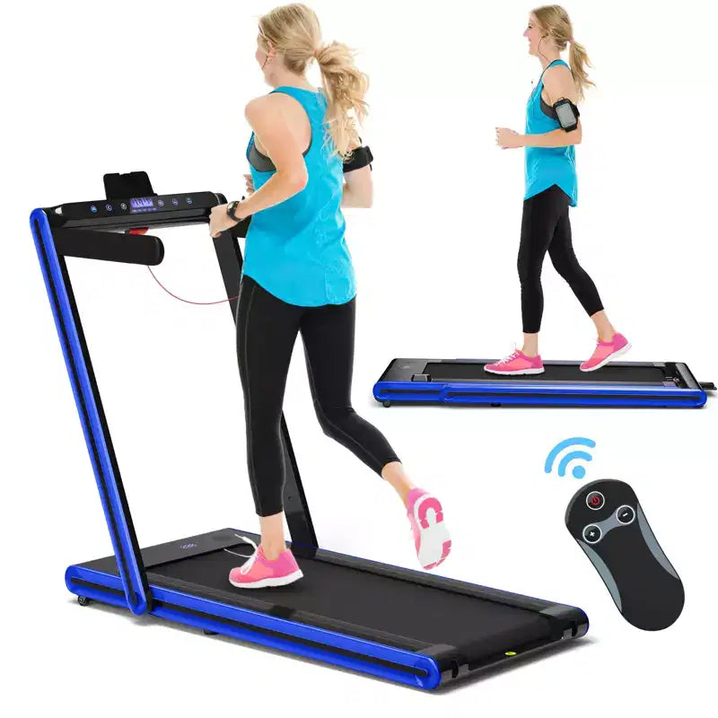 Gymax Tapis de Course Pliant 2-en-1 sous Bureau avec Moteur 2,25 CV Machine de Marche et Course Électrique et Télécommande Adapté Noir/Bleu/Rouge