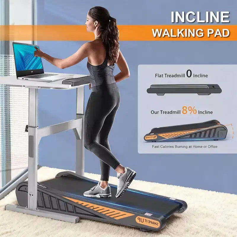 Tapis de marche sous bureau inclinable à 8 %, design compact et portable pour petits espaces, moteur silencieux pour la maison et le bureau