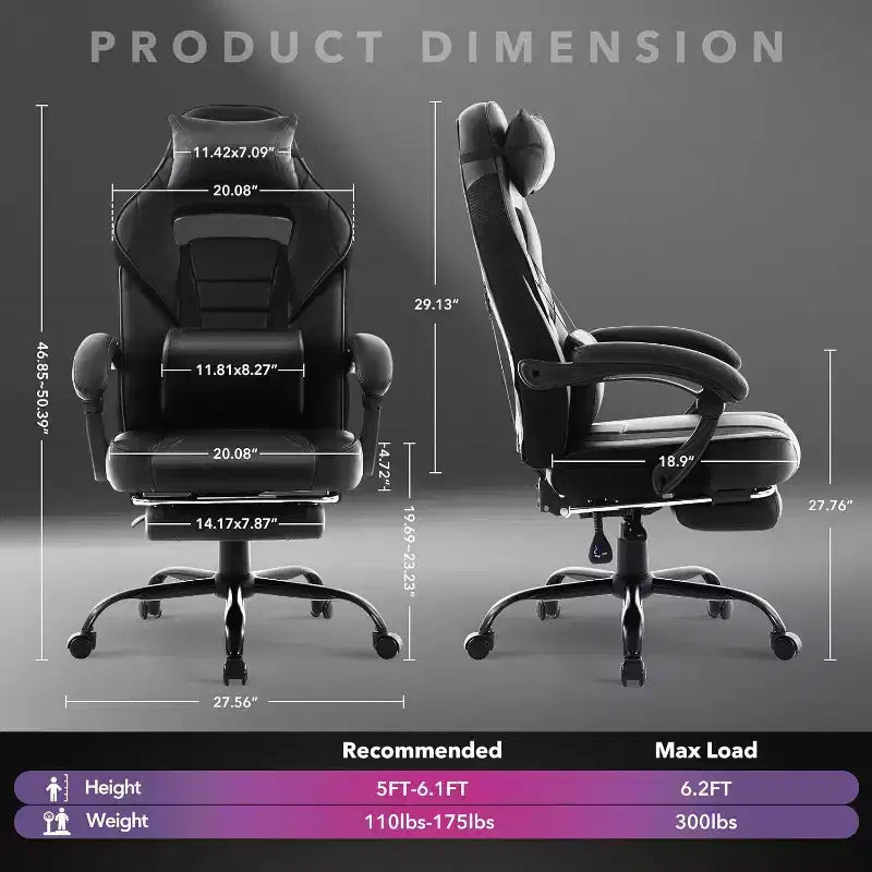 Acekool Ergonomic Gaming Chair for Adults, PU Leather, Massage Lumbar, Footrest, Adjustable, for Office or Gaming