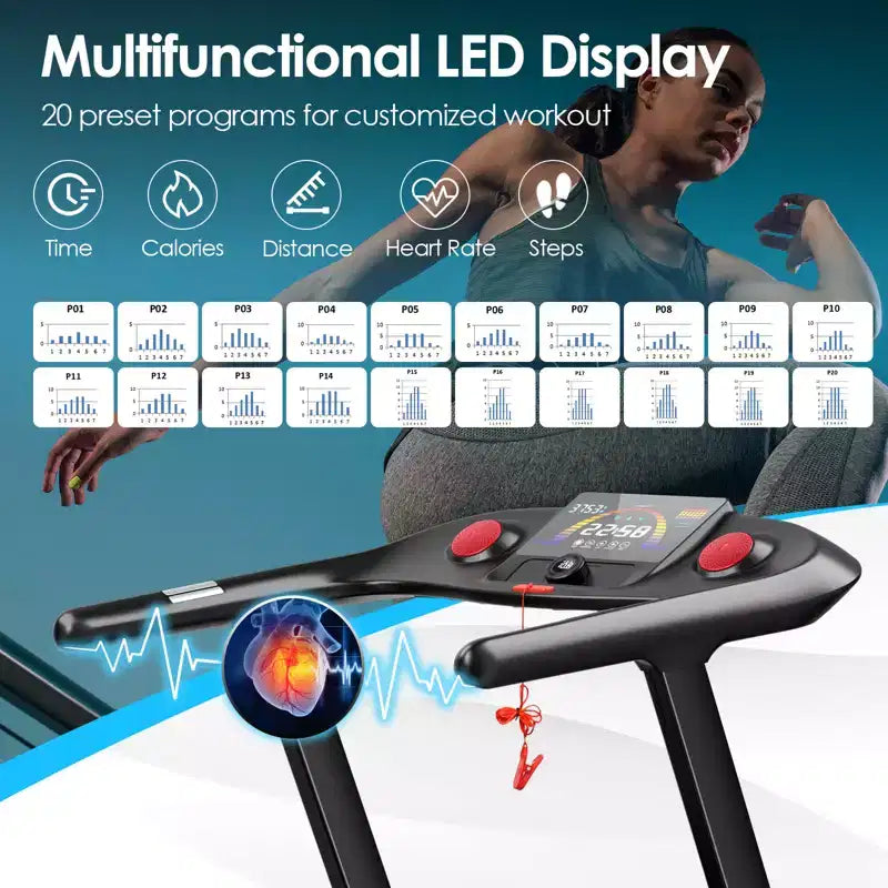 Tapis de course pliable Gymax 4,75 CV avec 20 programmes préréglés, écran tactile LED et télécommande, pour marche, jogging et course