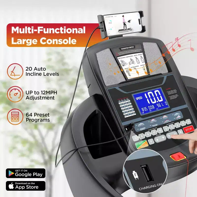 Tapis roulant pliable 4,5 CV pour la maison/le bureau, inclinaison réglable de 20 %, contrôle via application, 71 programmes