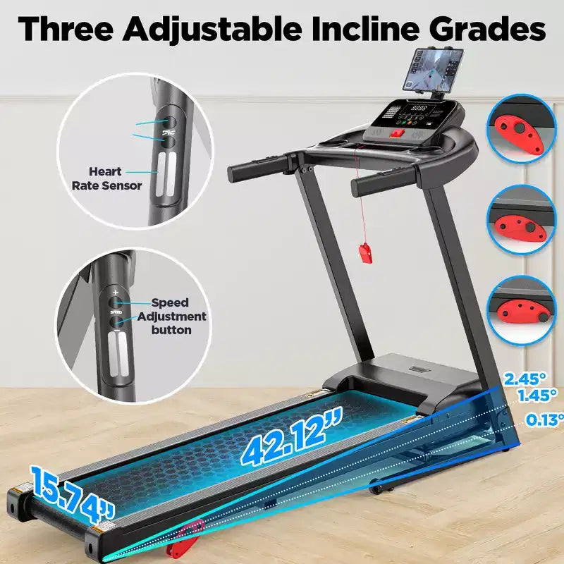 Tapis Roulant Pliable 3 CV pour la Maison, Capacité de 136 kg, 9 Niveaux d'Inclinaison Réglables, 64 Programmes, Bluetooth, Contrôle par Application, Machine Compacte de Marche et de Course