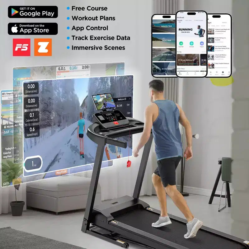 Tapis Roulant Pliable 3 CV pour la Maison, Capacité de 136 kg, 9 Niveaux d'Inclinaison Réglables, 64 Programmes, Bluetooth, Contrôle par Application, Machine Compacte de Marche et de Course