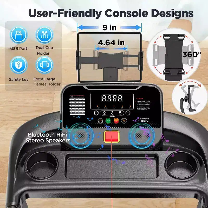 Tapis Roulant Pliable 3 CV pour la Maison, Capacité de 136 kg, 9 Niveaux d'Inclinaison Réglables, 64 Programmes, Bluetooth, Contrôle par Application, Machine Compacte de Marche et de Course