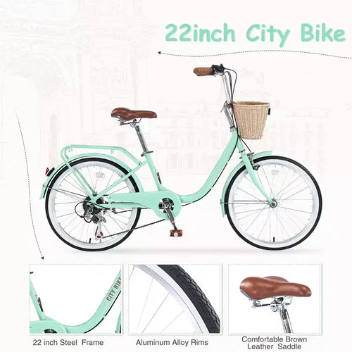 22 Road Bike, 13 Steel Frame, 7-Speed City Cruiser with Dual Brakes & Basket, Commuter Bike for Men & Women Outdoor Cycling