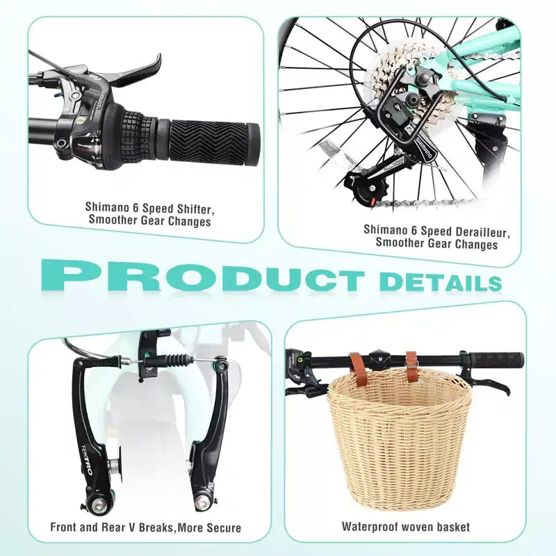 Vélo pliant 20 pouces pour adultes avec panier, support de téléphone et garde-boue, cadre en acier 6 vitesses, vélo de ville, double frein en V, vélo compact portable