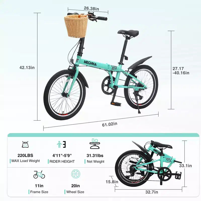 Vélo pliant 20 pouces pour adultes avec panier, support de téléphone et garde-boue, cadre en acier 6 vitesses, vélo de ville, double frein en V, vélo compact portable