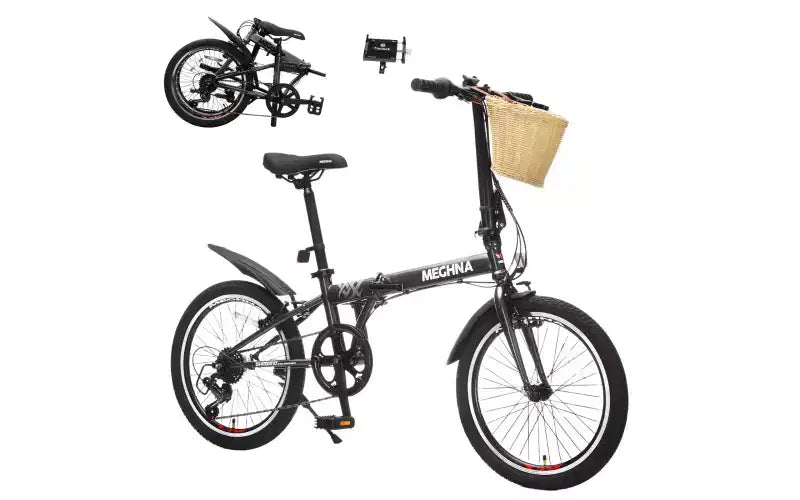 Vélo pliant 20 pouces pour adultes avec panier, support de téléphone et garde-boue, cadre en acier 6 vitesses, vélo de ville, double frein en V, vélo compact portable