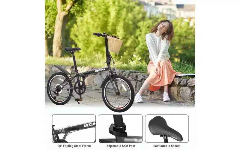 Vélo pliant 20 pouces pour adultes avec panier, support de téléphone et garde-boue, cadre en acier 6 vitesses, vélo de ville, double frein en V, vélo compact portable