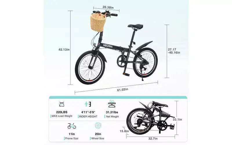 Vélo pliant 20 pouces pour adultes avec panier, support de téléphone et garde-boue, cadre en acier 6 vitesses, vélo de ville, double frein en V, vélo compact portable