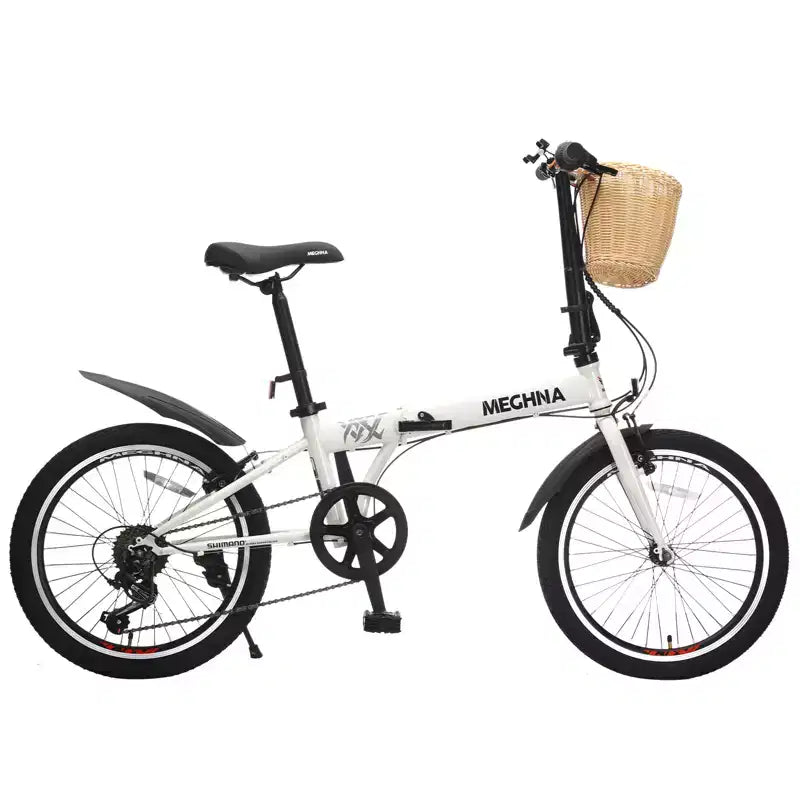 Vélo pliant 20 pouces pour adultes avec panier, support de téléphone et garde-boue, cadre en acier 6 vitesses, vélo de ville, double frein en V, vélo compact portable