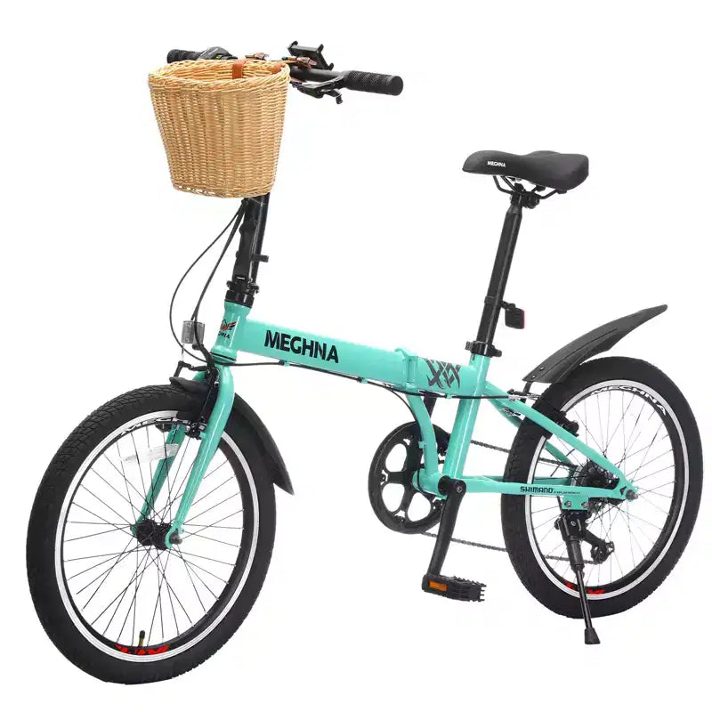 20 Inch Folding Bike for Adults with Basket, Phone Holder & Fenders, Steel Frame 6-Speed City Commuter, Dual V-Brake Portable Compact Bicycle