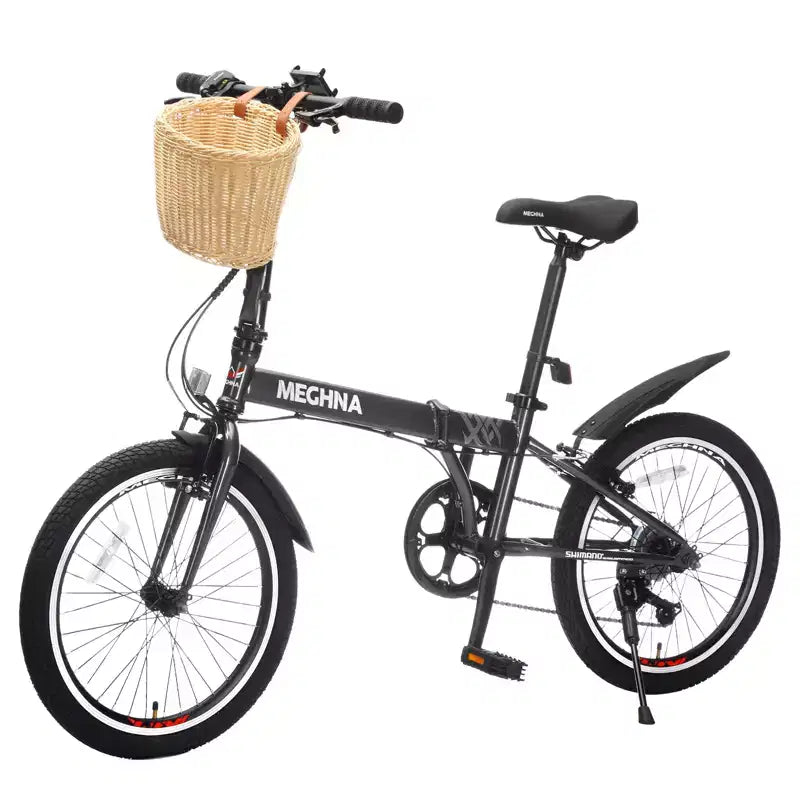 20 Inch Folding Bike for Adults with Basket, Phone Holder & Fenders, Steel Frame 6-Speed City Commuter, Dual V-Brake Portable Compact Bicycle