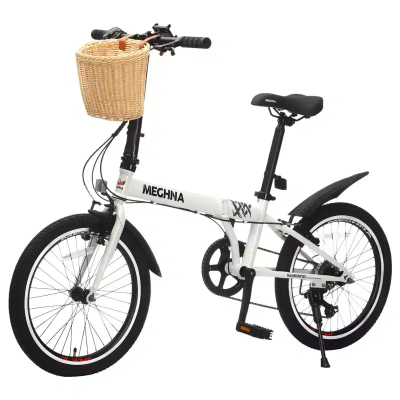 Vélo pliant 20 pouces pour adultes avec panier, support de téléphone et garde-boue, cadre en acier 6 vitesses, vélo de ville, double frein en V, vélo compact portable
