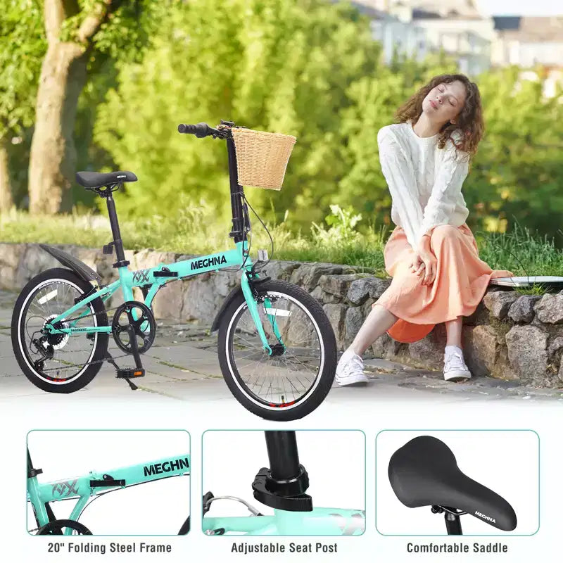 Vélo pliant 20 pouces pour adultes avec panier, support de téléphone et garde-boue, cadre en acier 6 vitesses, vélo de ville, double frein en V, vélo compact portable