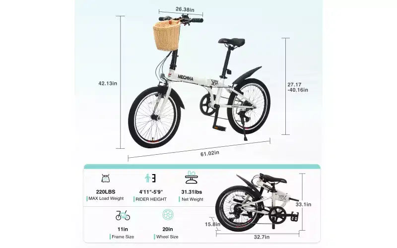 Vélo pliant 20 pouces pour adultes avec panier, support de téléphone et garde-boue, cadre en acier 6 vitesses, vélo de ville, double frein en V, vélo compact portable