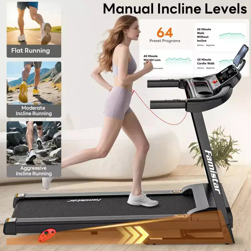 3.0HP Treadmill 300lbs Capacity, 6% Incline Folding Treadmill for Home, 0.6-7.5MPH, 16 Wild Belt, Shock Absorption