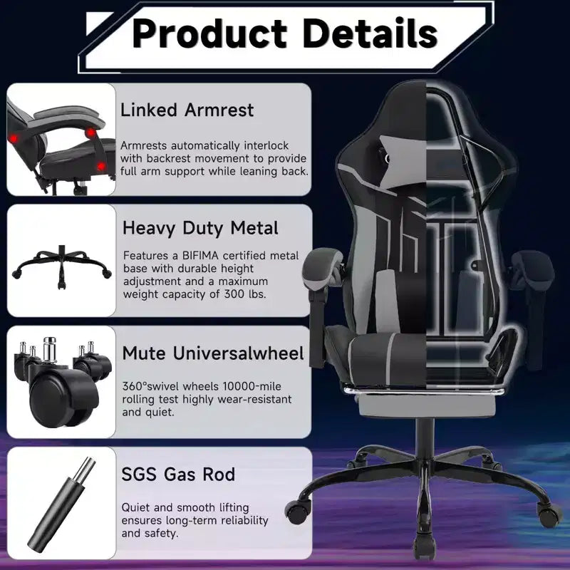 MAYEERTY Gaming Chair, Computer Chair, Ergonomic Chair with Footrest Lumbar Backrest for Living Room Black Gray
