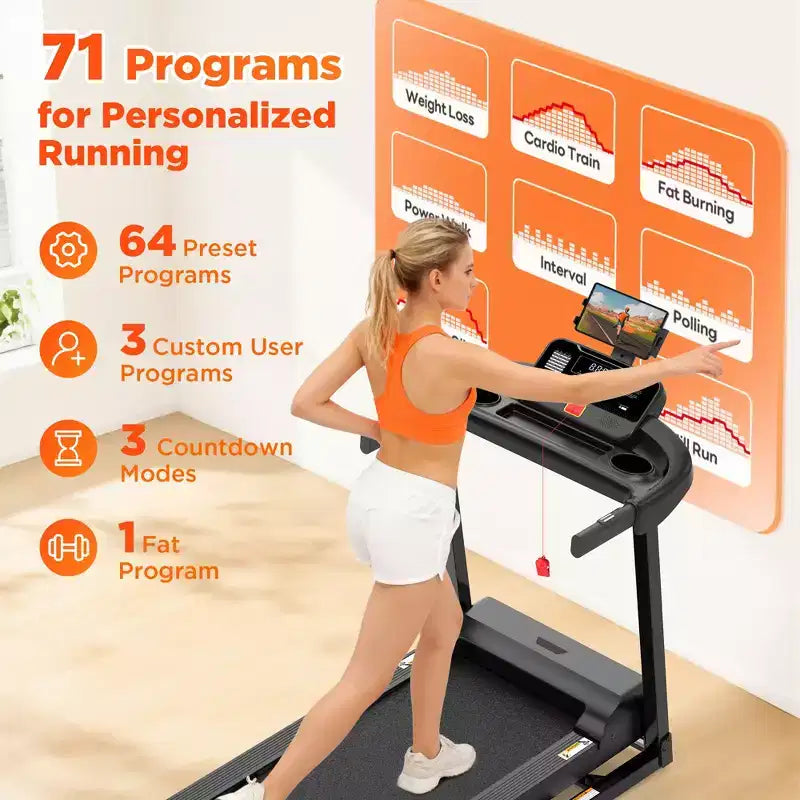 3HP 300lb Capacity Treadmill w/ 64+3+4 Program,3 Adjustable Incline,Folding Treadmill for Home Running & Jogging, 10MPH Speed,HiFi Bluetooth Speakers