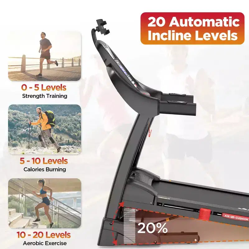 Tapis de course pliable pour usage domestique avec moteur de 4,75 CV, capacité de 136 kg, inclinaison sur 20 niveaux, 71 programmes d'entraînement, Bluetooth et prise en charge d'applications