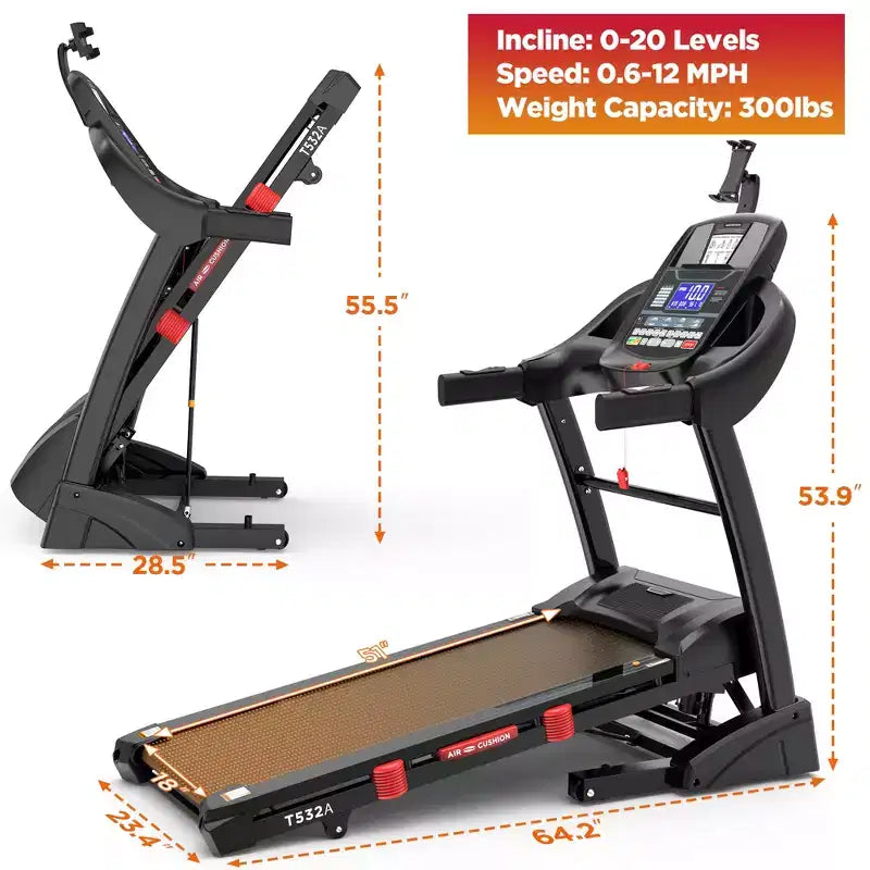 Tapis de course pliable pour usage domestique avec moteur de 4,75 CV, capacité de 136 kg, inclinaison sur 20 niveaux, 71 programmes d'entraînement, Bluetooth et prise en charge d'applications