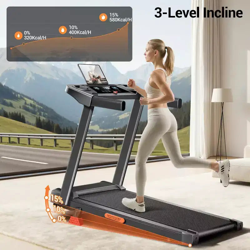 Tapis roulant pliable avec inclinaison manuelle à 15 % et guidon, écran 3 fonctions, moteur silencieux 3,0 CV, 1,0-11,3 km/h, tapis de course domestique