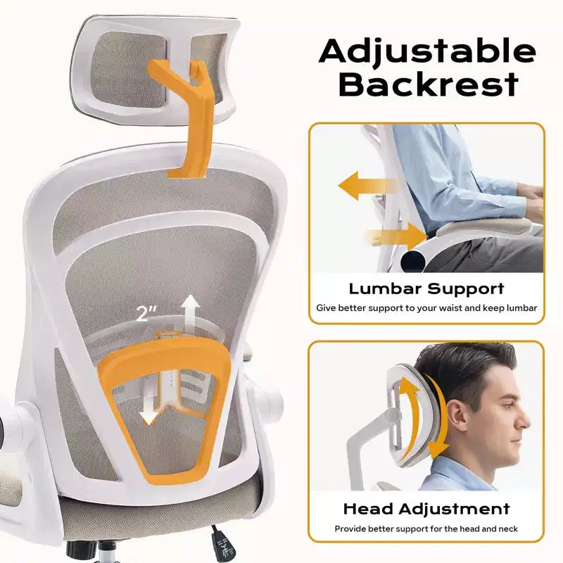 Ergonomic Office Chair  Flip-Up Armrests & Lumbar Support  Wide Seat Gaming Chair for Study/Bedroom/Home Office