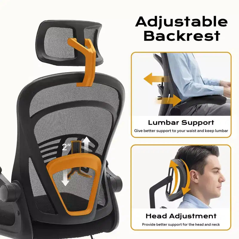 Ergonomic Office Chair  Flip-Up Armrests & Lumbar Support  Wide Seat Gaming Chair for Study/Bedroom/Home Office