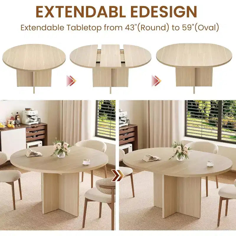 Table à manger ronde extensible 43.3-59 pouces - Pour 4 à 8 personnes, rallonges amovibles