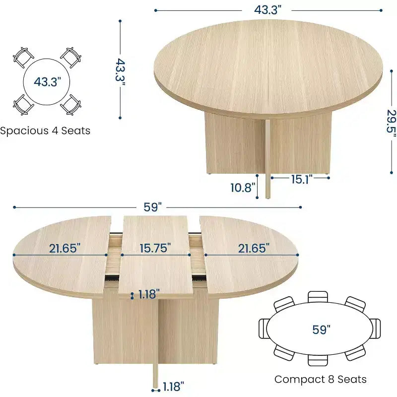 Table à manger ronde extensible 43.3-59 pouces - Pour 4 à 8 personnes, rallonges amovibles