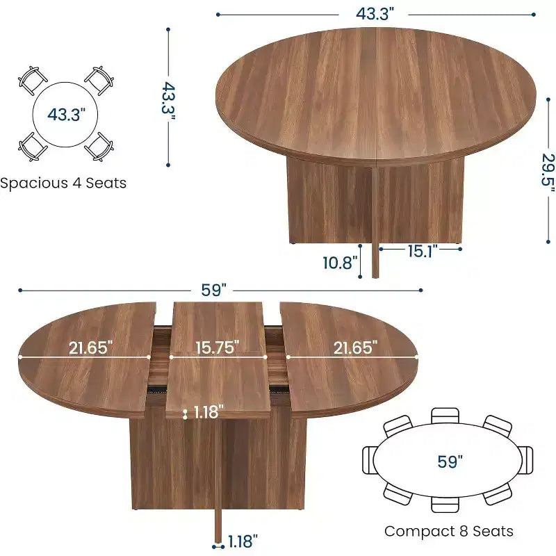 Table à manger ronde extensible 43.3-59 pouces - Pour 4 à 8 personnes, rallonges amovibles