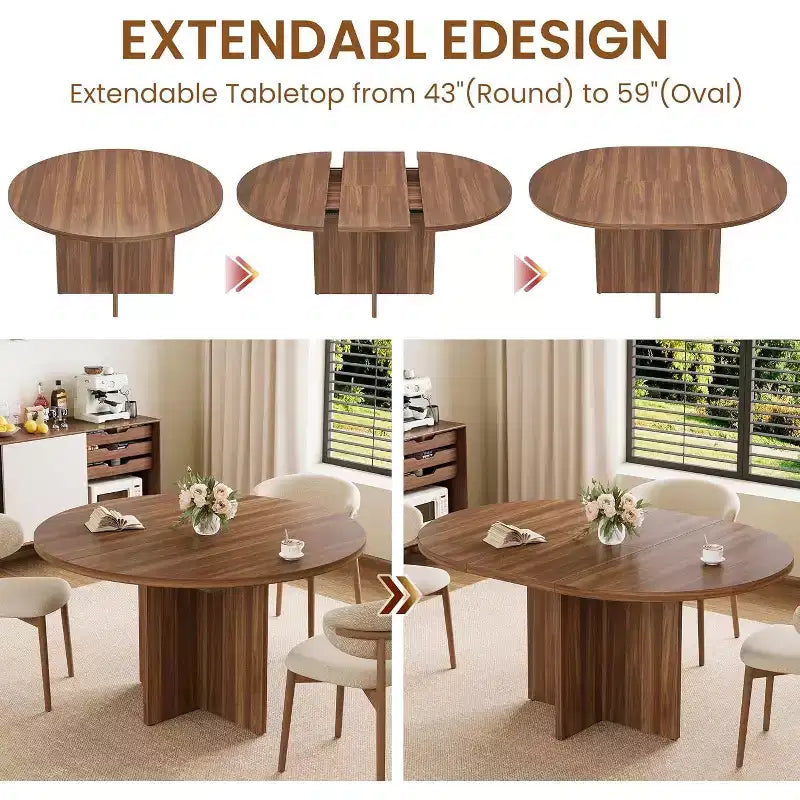 Table à manger ronde extensible 43.3-59 pouces - Pour 4 à 8 personnes, rallonges amovibles
