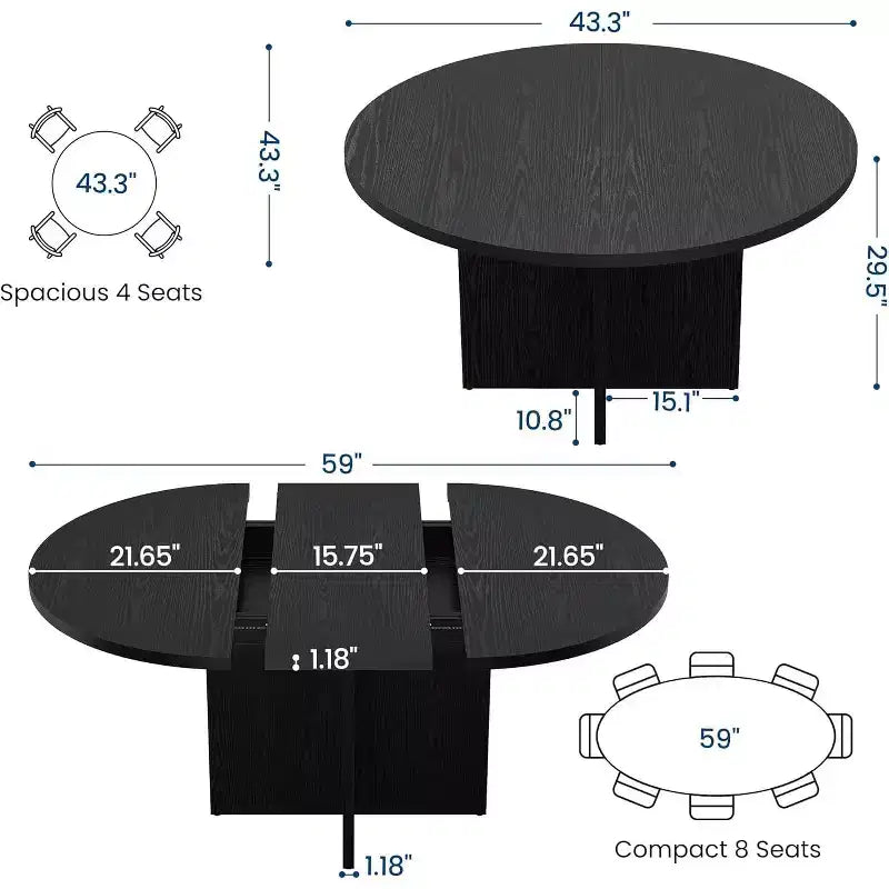 Table à manger ronde extensible 43.3-59 pouces - Pour 4 à 8 personnes, rallonges amovibles
