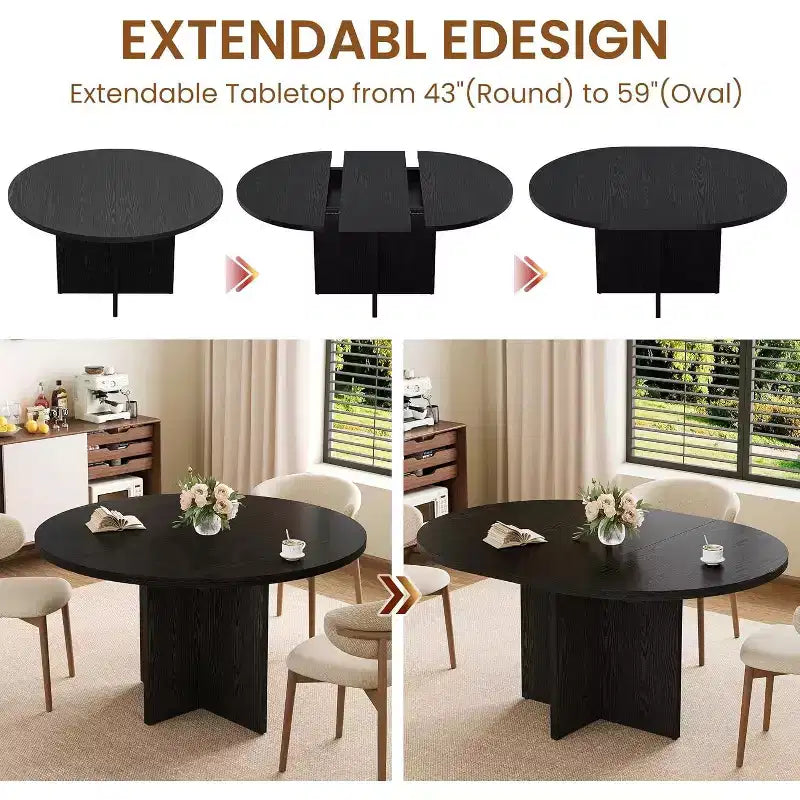 Table à manger ronde extensible 43.3-59 pouces - Pour 4 à 8 personnes, rallonges amovibles