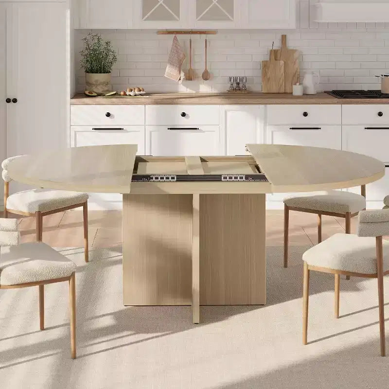 Table à manger ronde extensible 43.3-59 pouces - Pour 4 à 8 personnes, rallonges amovibles