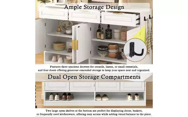 Buffet de Ferme avec 3 Tiroirs et 4 Portes – 150 cm, Étagère Réglable