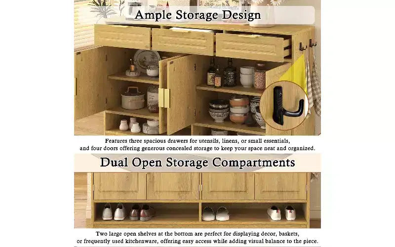 Buffet de Ferme avec 3 Tiroirs et 4 Portes – 150 cm, Étagère Réglable