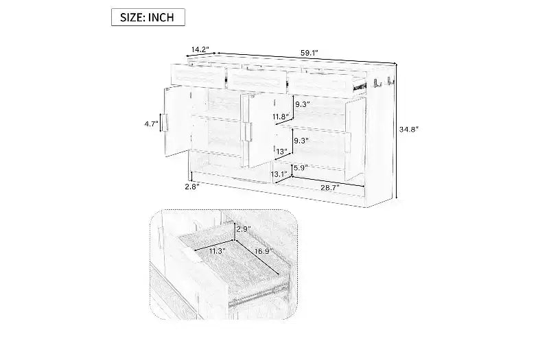 Buffet de Ferme avec 3 Tiroirs et 4 Portes – 150 cm, Étagère Réglable